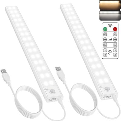 11.8 Inch Under Cabinet Light, Motion Sensor Cordless Magnetic Closet Lighting, USB Rechargeable Night Light with Remote, Adjustable Brightness and Color Temperature, UL Listed, 2 Pack