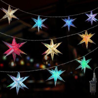 Moravian Star Light, RGB Color Changing, Plug in LED String Fairy Lights, 10 Silver Stars, Christmas Decorations for Home Windows and Christmas Tree, Wedding Party Décor