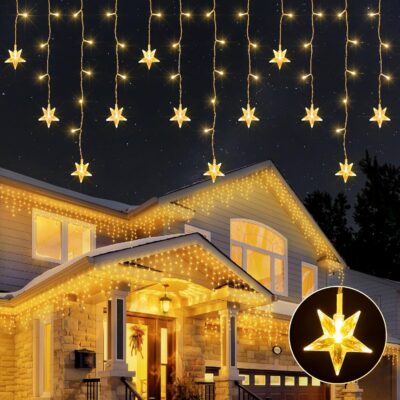 Star Icicle Lights Outdoor, 200 LED 40-Drops Star Shaped Curtain Lights, 8 Lighting Modes, Timer, Waterproof, Connectable, Warm White