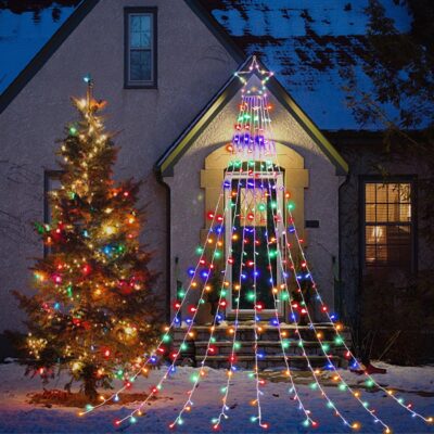 Christmas Decorations Star String Lights, 320 LED Waterfall Tree Lights with 13″ Topper Star 8 Lighting Modes Indoor Outdoor Decorative for New Year, Holiday, Wedding, Party (Multicolor)
