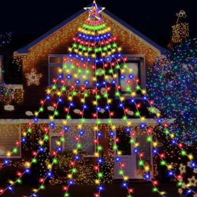 (New) Christmas Decorations Outdoor Star String Lights 350 LED Christmas Lights 11.5ft Waterproof Waterfall Tree Lights for Yard Garden Indoor Outdoor(Multi-Colored)
